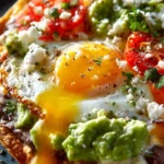 Ranch-style eggs breakfast tostadas topped with green avocado sauce