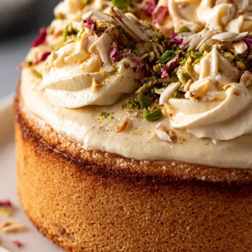 Delicious eggless Rasmalai Cake with a creamy texture and rich flavors.