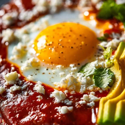 A plate of colorful Red Chilaquiles topped with fresh ingredients and sauces.