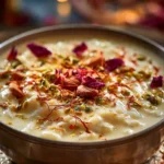 Bowl of Rice Kheer, traditional Indian rice pudding with nuts and spices
