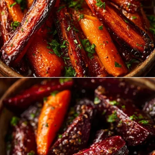 A colorful plate of roasted beets and carrots seasoned and ready to serve.