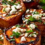 Roasted sweet potato rounds with honey and feta cheese topping