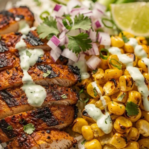 Delicious savory street corn chicken bowl with vibrant toppings.