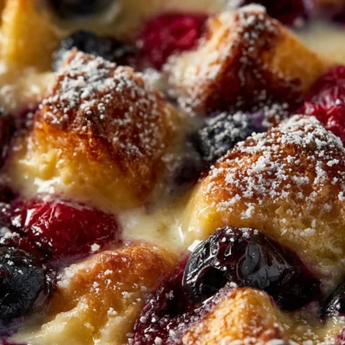 Delicious Simple Sweet Croissant Breakfast Casserole baked and ready to serve