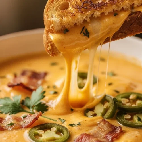 Bowl of spicy jalapeño popper soup with grilled cheese dippers on the side.