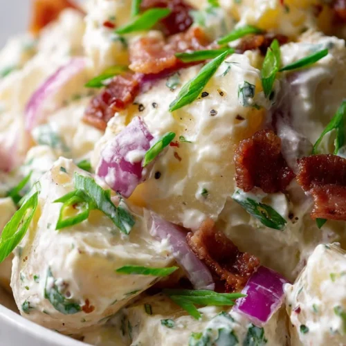Creamy steakhouse potato salad with herbs and spices in a bowl