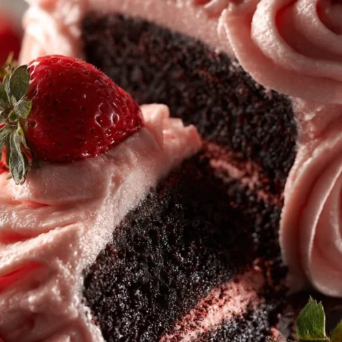 Delicious strawberry chocolate cake topped with fresh berries and chocolate icing.