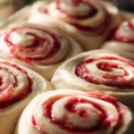 Freshly baked strawberry cinnamon rolls with cream cheese icing