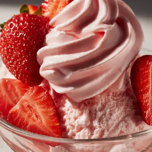 Delicious Strawberry Greek Frozen Yogurt topped with fresh strawberries.