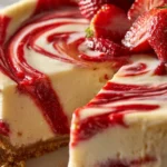 Delicious slice of Strawberry Swirl Cheesecake with fresh strawberries on top