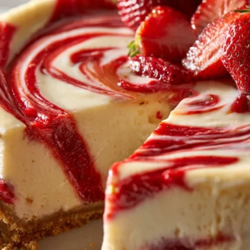 Delicious slice of Strawberry Swirl Cheesecake with fresh strawberries on top