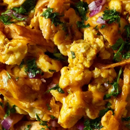 Delicious Tex-Mex Scrambled Eggs served with toppings and spices