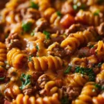 Delicious one pot beef taco pasta dish served in a bowl with toppings
