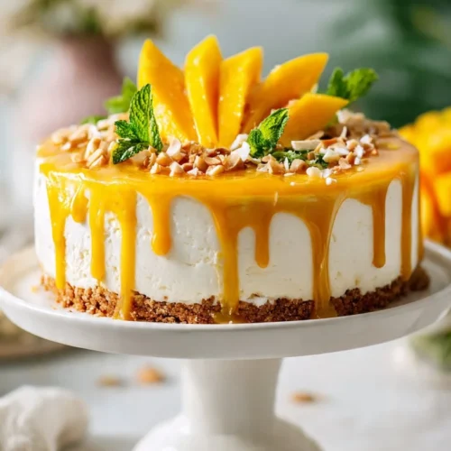 Tropical Paradise Mango Cheesecake topped with fresh mango slices and mint leaves