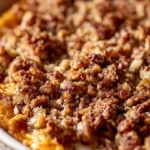 Delicious sweet potato casserole topped with pecans and marshmallows