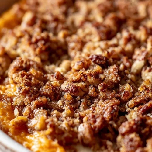 Delicious sweet potato casserole topped with pecans and marshmallows