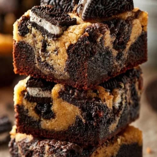 Delicious homemade Oreo Brookies with chocolate and cookie layers
