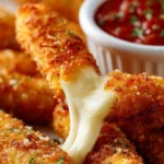 Air fryer mozzarella sticks served with marinara sauce on a plate.