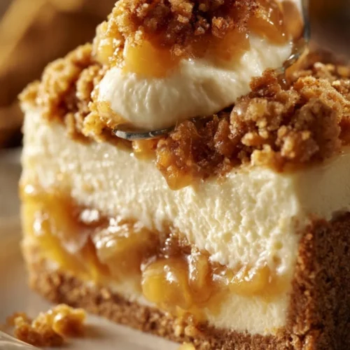 Dessert featuring Apple Crumble Cheesecake topped with apple slices and crumble topping
