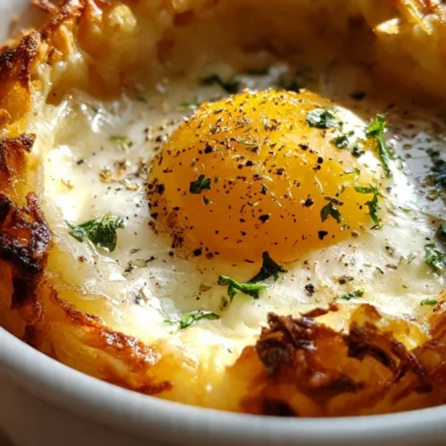 Baked Eggs Napoleon served in a elegant dish with herbs and toppings