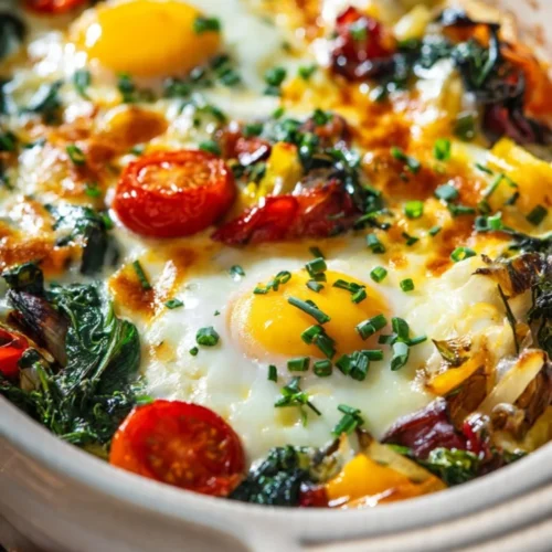 Baked feta eggs with tomatoes and spinach in a baking dish