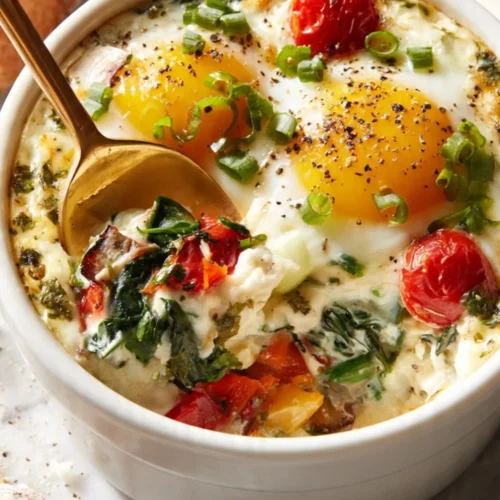Baked feta eggs with tomatoes and spinach on a plate, ready to be served.