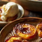 Delicious baked peaches topped with cinnamon and brown sugar