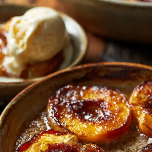 Delicious baked peaches topped with cinnamon and brown sugar