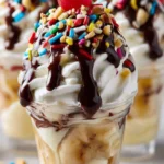 Delicious banana split pudding cups topped with whipped cream and cherries