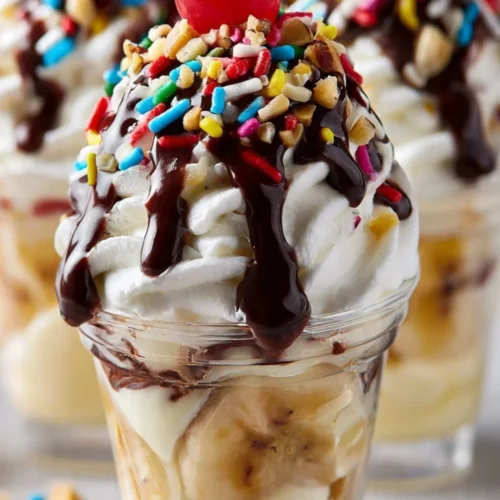Delicious banana split pudding cups topped with whipped cream and cherries