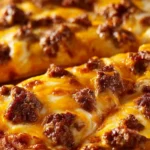 Biscuits and Sausage Gravy Breakfast Pizza topped with sausage and gravy