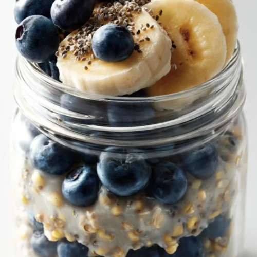 Healthy blueberry chia overnight oats in a jar with fresh fruit