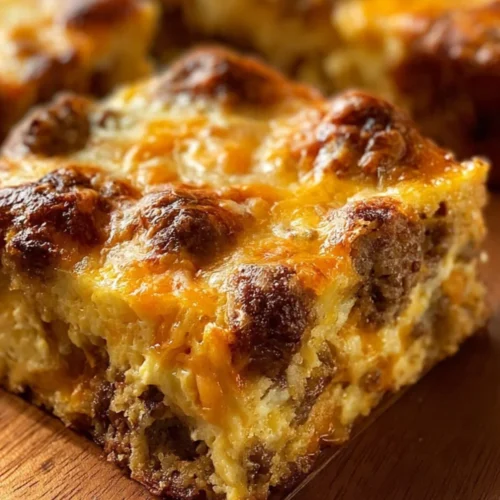 Delicious breakfast casserole with eggs, cheese, and vegetables