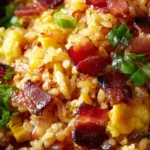 Delicious Breakfast Fried Rice topped with vegetables and eggs
