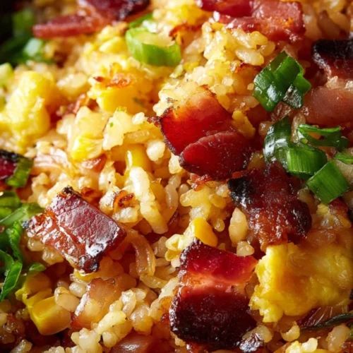 Delicious Breakfast Fried Rice topped with vegetables and eggs