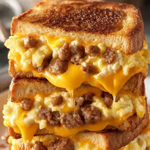 Delicious breakfast grilled cheese sandwich with melted cheese and crispy bread