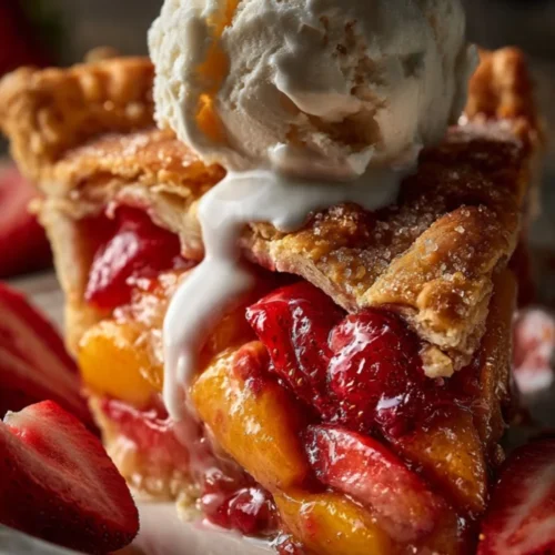 Brown Butter Strawberry Peach Pie with fresh strawberries and peaches