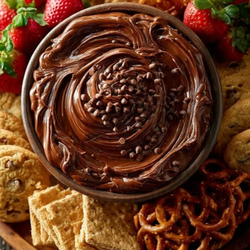 Delicious brownie batter dip served in a bowl with a spoon.
