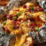 Deliciously roasted Campfire Potatoes cooked over an open flame