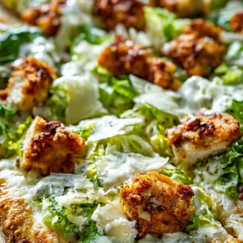 Delicious Chicken Caesar Salad Pizza topped with fresh greens and grilled chicken