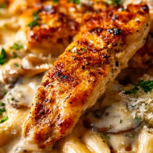 Plate of Chicken Marsala Pasta with mushrooms and herbs in a savory sauce.