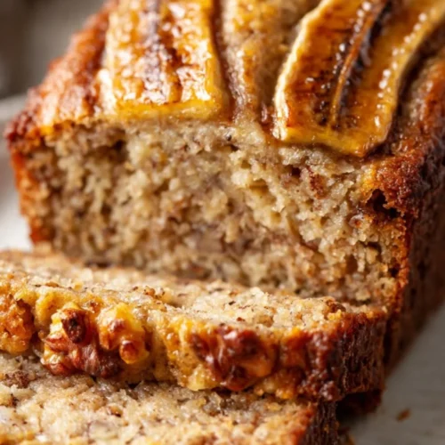 Freshly baked classic banana bread with ripe bananas and walnuts on a wooden table.