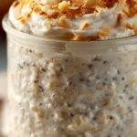 Bowl of Coconut Cream Pie Overnight Oats topped with coconut flakes and whipped cream