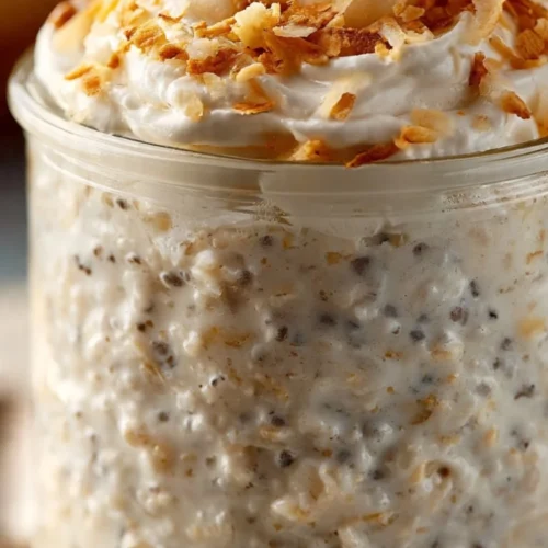 Bowl of Coconut Cream Pie Overnight Oats topped with coconut flakes and whipped cream