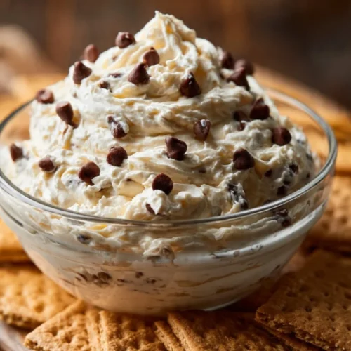 A bowl of homemade Cookie Dough Dip served with graham crackers and chocolate chips.