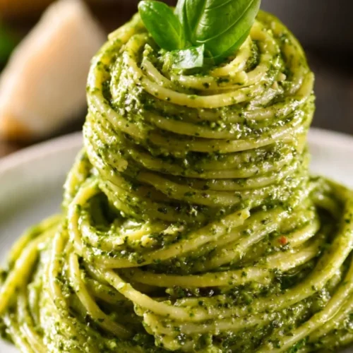 Creamy pesto pasta sauce served over fresh pasta dishes.