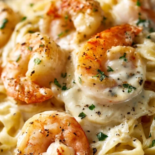 Creamy shrimp fettuccine pasta with homemade Alfredo sauce on a plate.