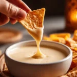 Creamy white queso dip served in a bowl with tortilla chips