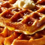 Crispy buttermilk Belgian waffles topped with syrup and berries