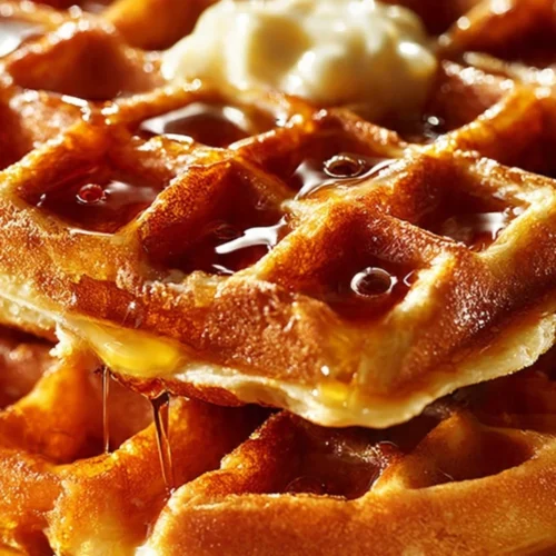 Crispy buttermilk Belgian waffles topped with syrup and berries